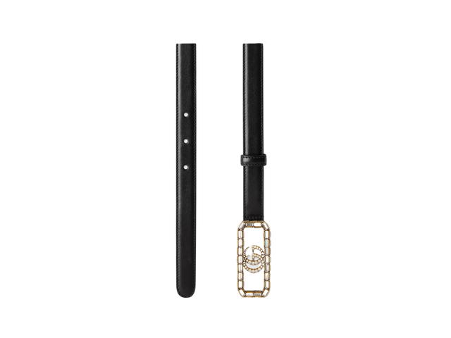 Gucci Gucci Thin Belt With Crystal Double G Buckle 20MM In Black Leather With Gold-Toned Hardware - view 2