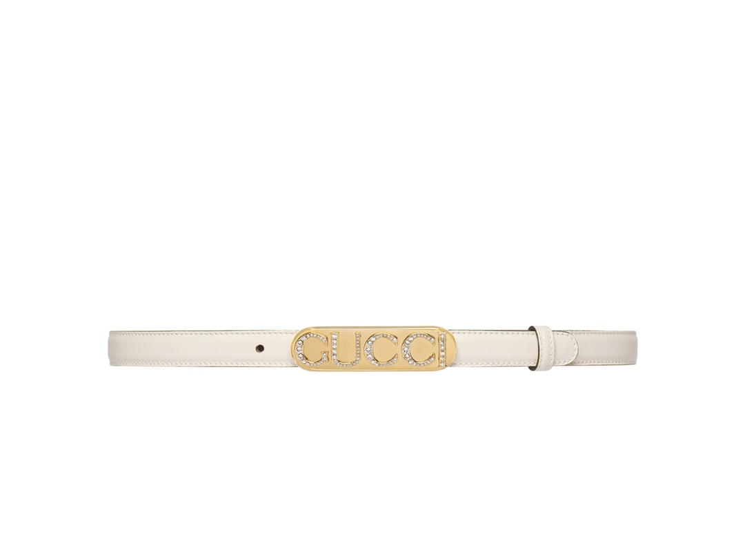 Gucci Gucci Thin Belt With Crystal Gucci Buckle 20MM In Crystal Gucci Buckle White Leather With Gold-Toned Hardware