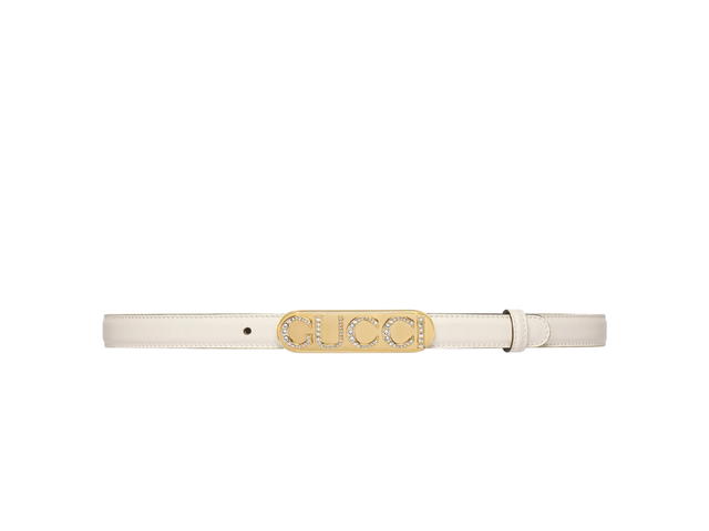 Gucci Gucci Thin Belt With Crystal Gucci Buckle 20MM In Crystal Gucci Buckle White Leather With Gold-Toned Hardware - view 1