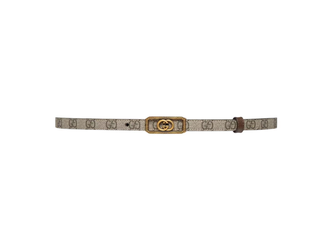Gucci Gucci Thin Belt With Interlocking G Buckle 15MM In Beige-Ebony GG Supreme Canvas With Gold-Toned Hardware