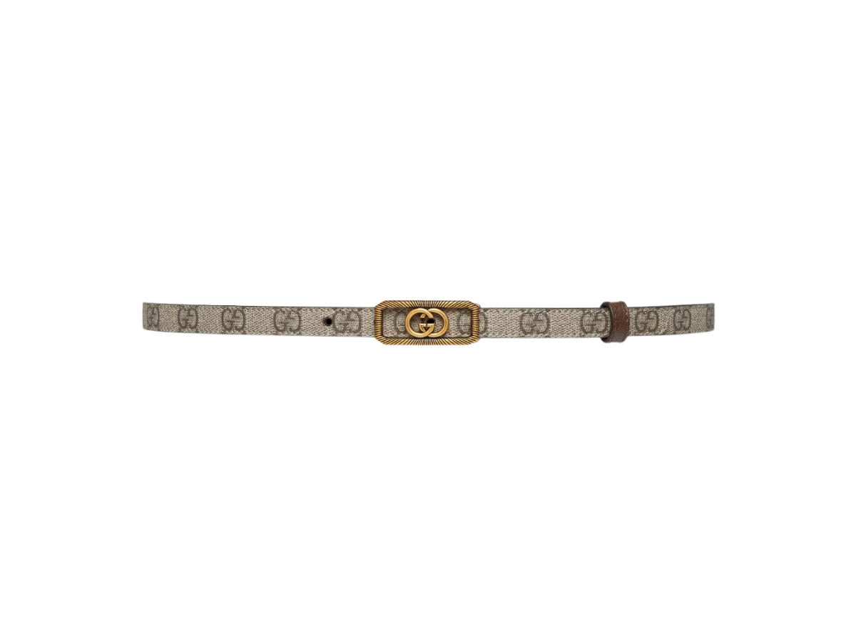 Gucci Gucci Thin Belt With Interlocking G Buckle 15MM In Beige-Ebony GG Supreme Canvas With Gold-Toned Hardware