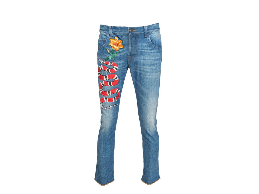 Gucci Gucci Wash Denim Kingsnake Embroidered Skinny Jeans Blue Light