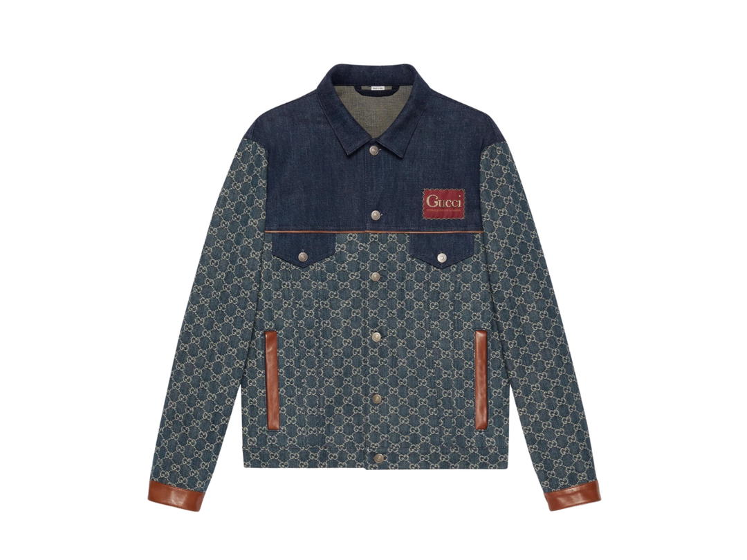 Gucci Gucci Washed Organic Denim Jacket In Dark Blue And Ivory Washed Organic GG Jacquard Denim