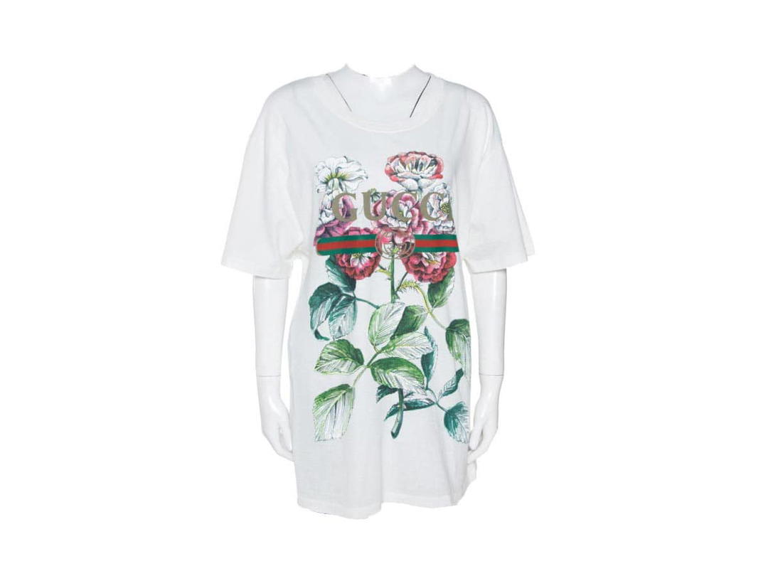 Gucci Gucci White Floral Logo Print Cotton Crew Neck T-Shirt