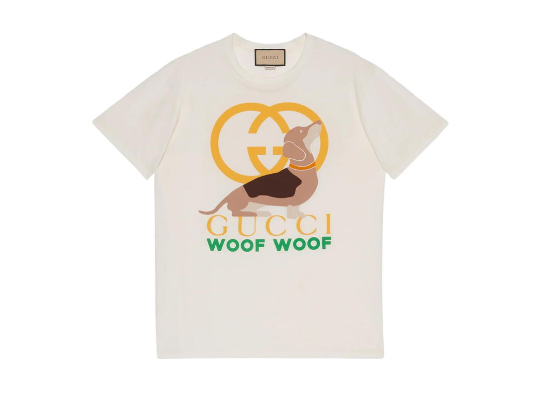 Gucci Gucci Woof Print Cotton T-Shirt In White Cotton Jersey With Interlocking G Dog Print Crewneck