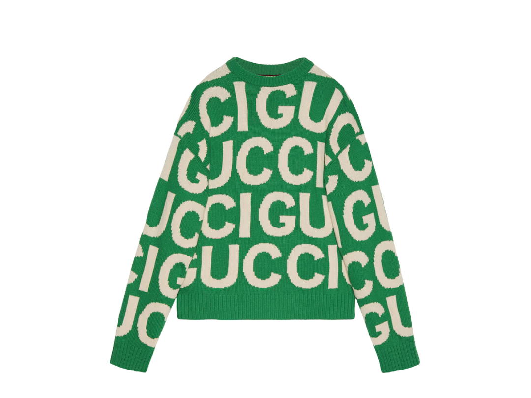 Gucci Gucci Wool Jumper With Gucci Intarsia In Green-Ivory Wool Crewneck