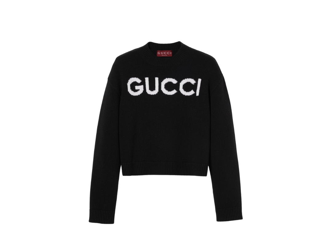 Gucci Gucci Wool Top With Gucci Intarsia In Black Wool Crewneck