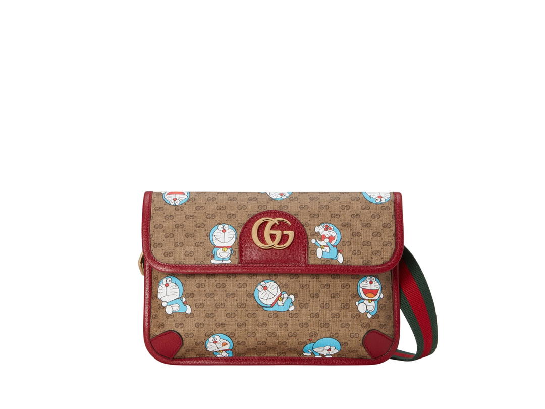 Gucci Gucci X Doraemon Small Belt Bag In Beige-Ebony Mini GG Supreme-Doraemon Print Canvas-Cherry Red Trim With Shiny Gold Toned Hardware
