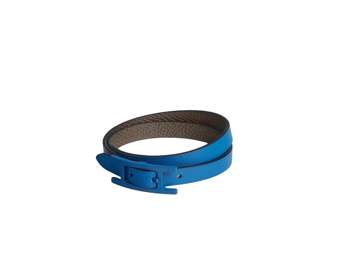 Hermes Hermes Behapi Double Tour Bracelet In Swift And And Epsom Calfskin With So Blue Ceramic-Plated Hapi Closure Bleu De France-Gris Étain