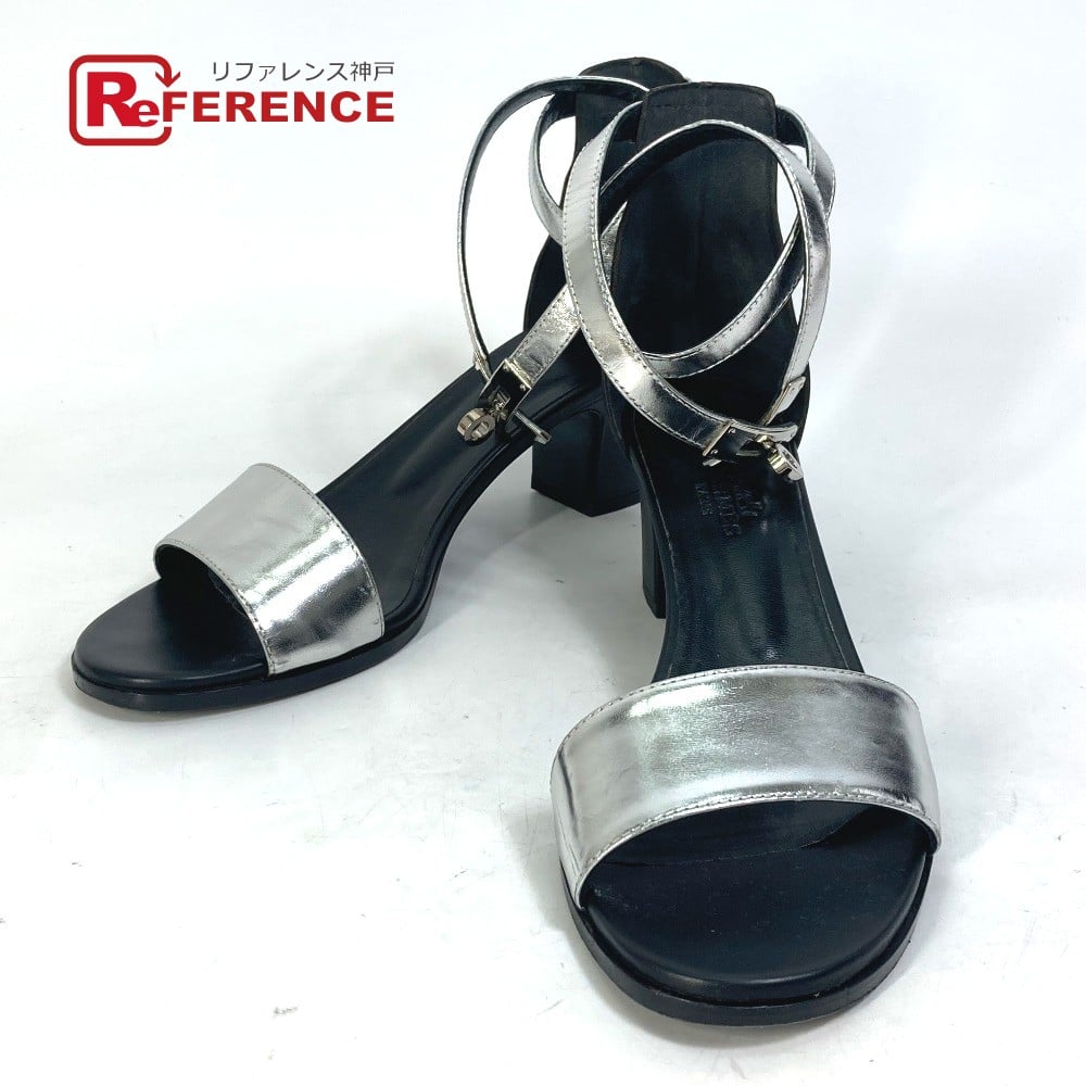 Hermes HERMES Bicolor heel shoes Ma Neige Kelly belt Sandals Leather Silver/Black