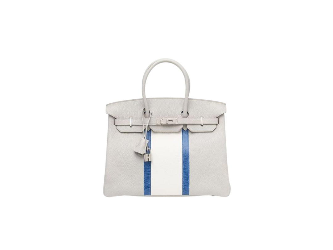 Hermes Hermes Birkin Club 35 Bag In Taurillon Clemence Leather And Ficelle Lizard With Palladium-Plated Hardware White And Blue Mykonos (Limited Edition)