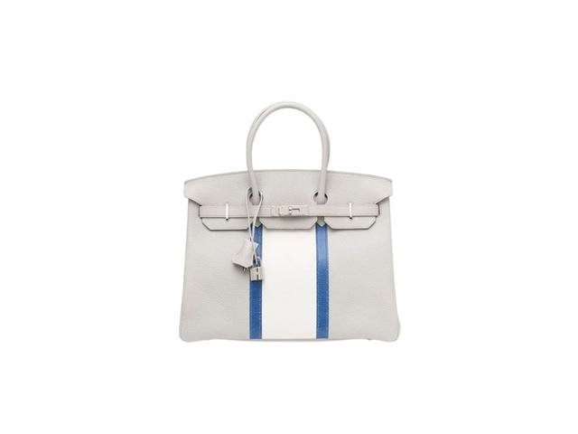 Hermes Hermes Birkin Club 35 Bag In Taurillon Clemence Leather And Ficelle Lizard With Palladium-Plated Hardware White And Blue Mykonos (Limited Edition) - view 1