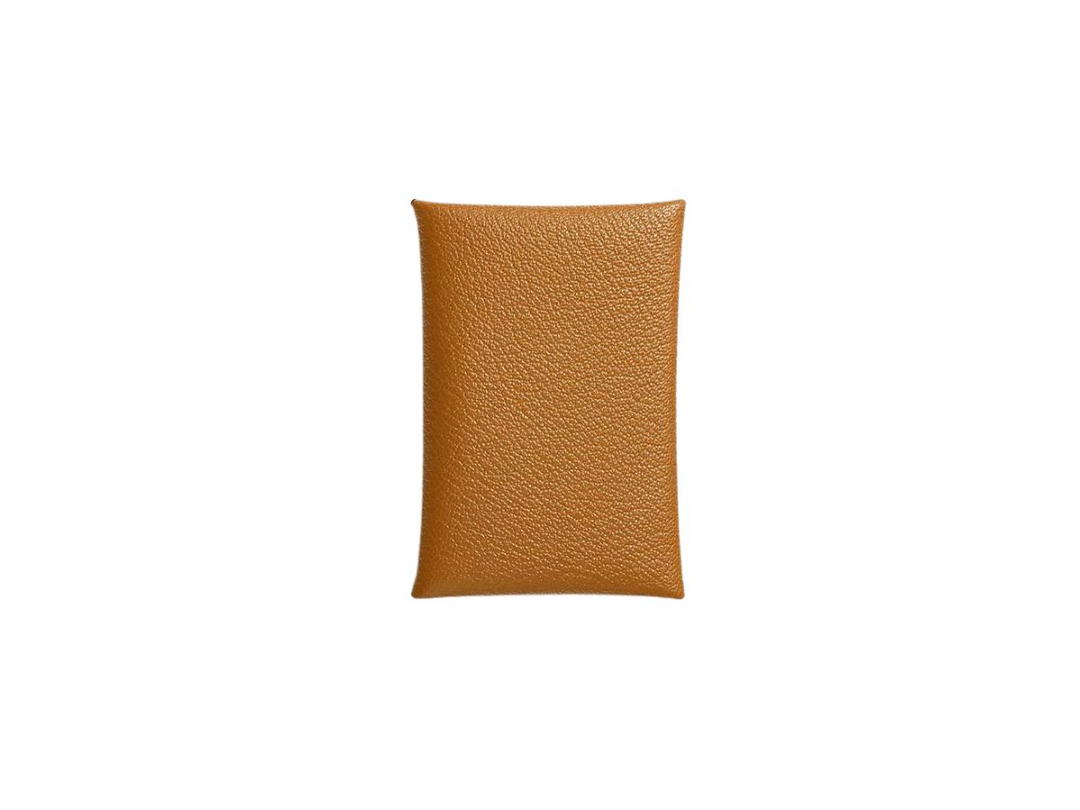 Hermes Hermes Calvi Card Holder In Mysore Goatskin With Palladium Plated caramel