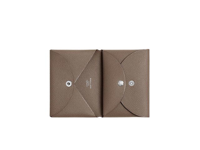 Hermes Hermes Calvi Duo Compact Card Holder In Epsom Calfskin With Palladium-Plate Snap Closure Etoupe - view 2