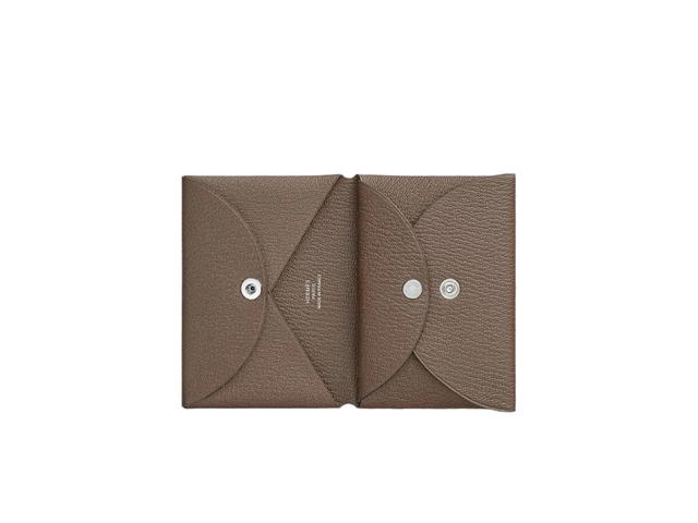 Hermes Hermes Calvi Duo Compact Card Holder In Mysore Goatskin With Palladium-Plate Snap Closure Etoupe - view 2