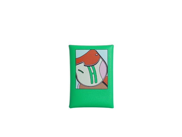 Hermes Hermes Calvi Duo Compact Card Holder In Selle En Desordres Printed Swift Calfskin With Palladium-Plated Snap Closure Vert Comics - view 1