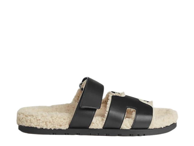 Hermes Hermes Chypre Sandal In Calfskin And Woolskin With Anatomical Rubber Sole And Adjustable Strap Noir-Écru - view 1