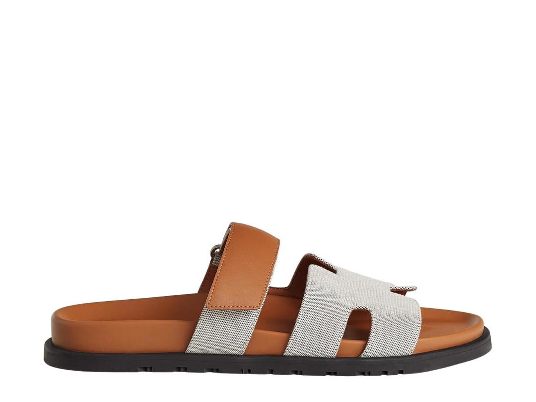 Hermes Hermes Chypre Sandal In H Canvas And Calfskin With Anatomical Rubber Sole And Adjustable Strap Prunoir-Naturel