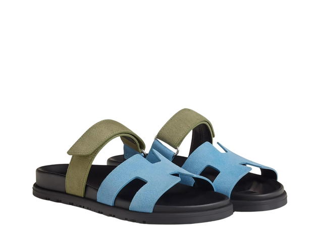 Hermes Hermes Chypre Sandal In Suede Goatskin With Anatomical Rubber Sole And Adjustable Strap Bleu Cameo-Vert Céladon - view 2