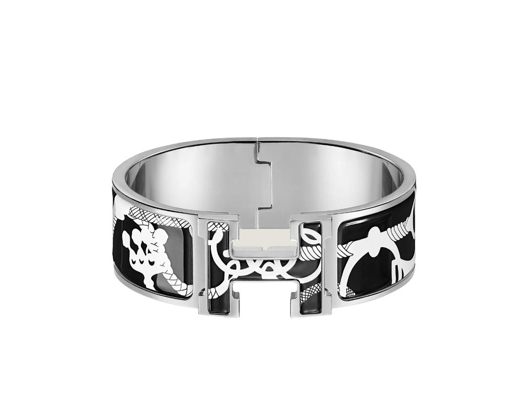 Hermes Hermes Clic Clac H Bracelet In Panoplie Equestre Printed Enamel With Palladium-Plated Hardware Positif Négatif