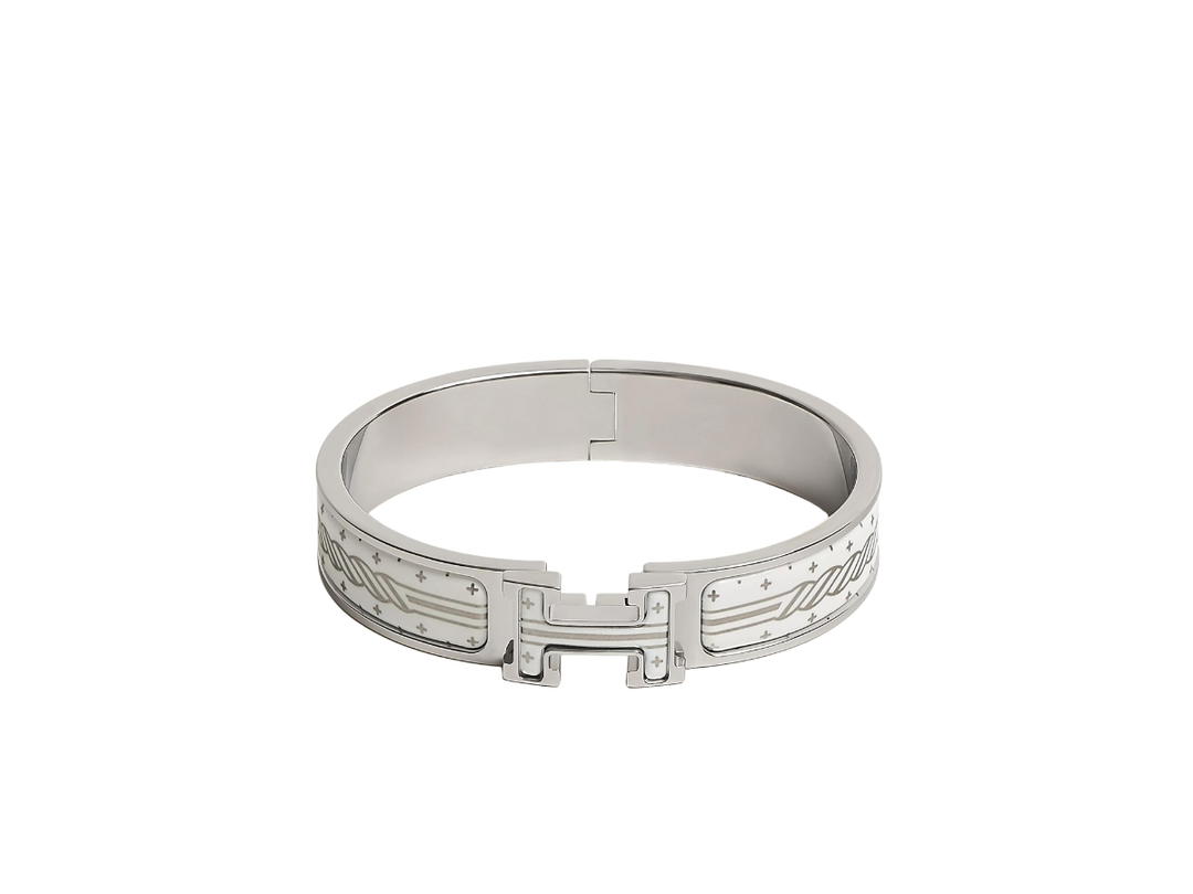 Hermes Hermes Clic H Bracelet In Quadrige au Fil Printed Enamel With Palladium-Plated Hardware Blanc Platine-Blanc