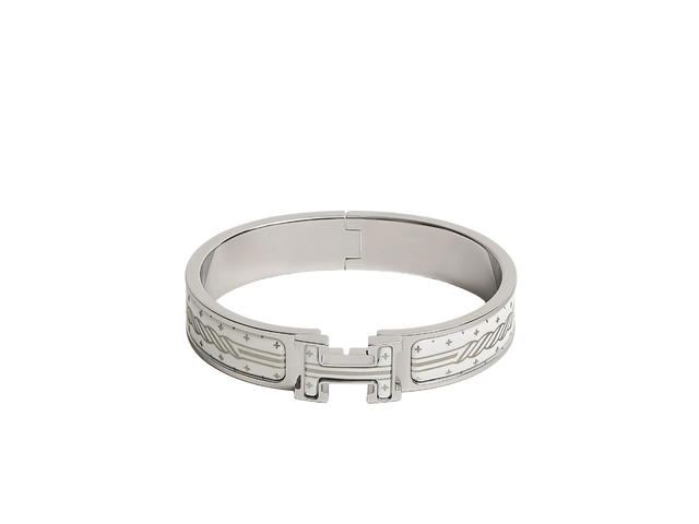 Hermes Hermes Clic H Bracelet In Quadrige au Fil Printed Enamel With Palladium-Plated Hardware Blanc Platine-Blanc - view 1