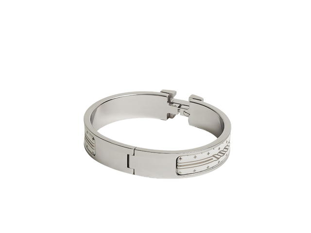 Hermes Hermes Clic H Bracelet In Quadrige au Fil Printed Enamel With Palladium-Plated Hardware Blanc Platine-Blanc - view 2