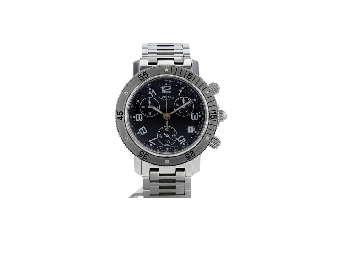 Hermes Hermes Clipper Chrono Watch Stainless Steel Black Dial