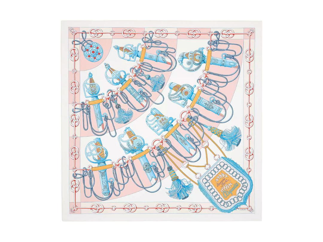 Hermes Hermes Cliquetis Scarf 90 In Silk Twill With Hand-Rolled Edges Blanc-Rose Poudré-Bleu