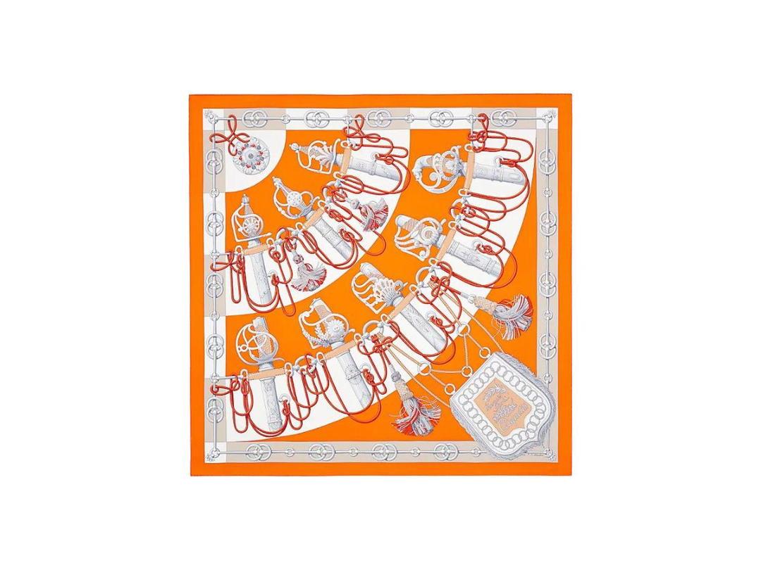Hermes Hermes Cliquetis Scarf 90 In Silk Twill With Hand-Rolled Edges Orange-Gris-Blanc