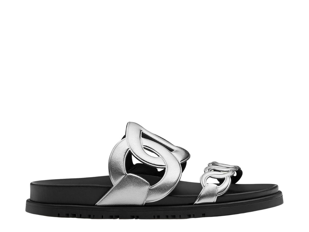 Hermes Hermes Extra Sandal In Nappa Leather With Metallic Finish And Iconic Chaine d'Ancre Inspired Strap Gris Argente