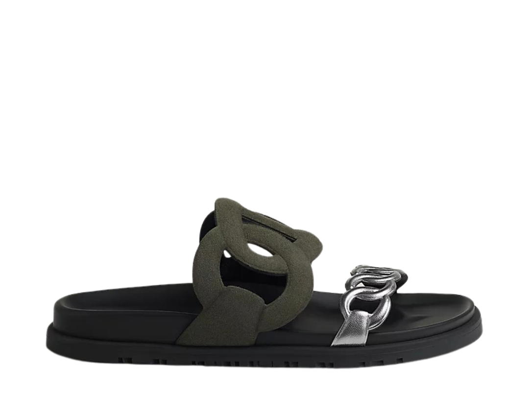 Hermes Hermes Extra Sandal In Suede Goatskin And Nappa Leather With Anatomical Rubber Sole And Iconic Chaine D'Ancre Inspired Strap Vert Forêt -Gris Argenté