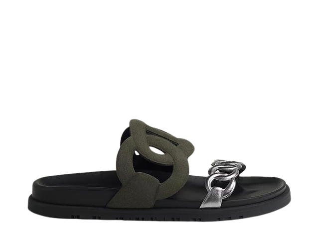 Hermes Hermes Extra Sandal In Suede Goatskin And Nappa Leather With Anatomical Rubber Sole And Iconic Chaine D'Ancre Inspired Strap Vert Forêt -Gris Argenté - view 1