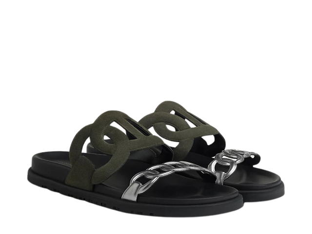 Hermes Hermes Extra Sandal In Suede Goatskin And Nappa Leather With Anatomical Rubber Sole And Iconic Chaine D'Ancre Inspired Strap Vert Forêt -Gris Argenté - view 2