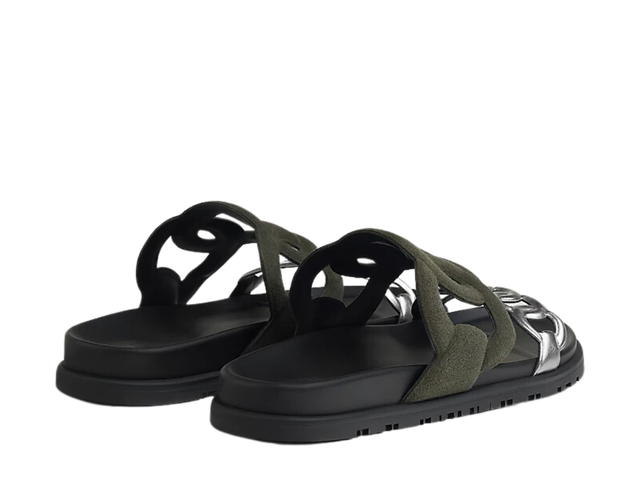 Hermes Hermes Extra Sandal In Suede Goatskin And Nappa Leather With Anatomical Rubber Sole And Iconic Chaine D'Ancre Inspired Strap Vert Forêt -Gris Argenté - view 3
