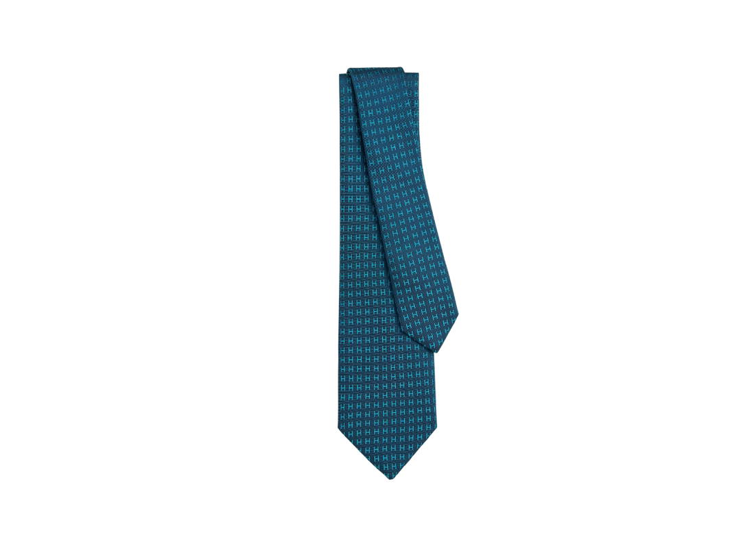 Hermes Hermes Faconnee H Bicolore Tie In Hand-Sewn Silk Twill Ardoise-Turquoise