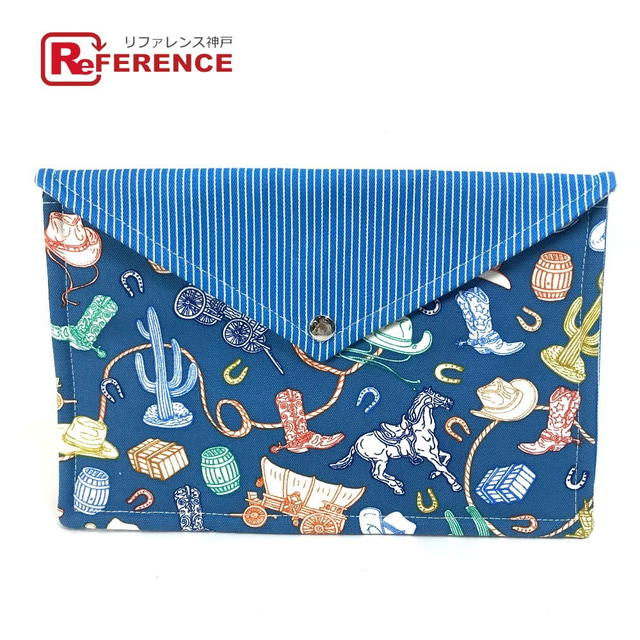 Hermes HERMES flat Western Company GM envelope case Pouch cotton blue Unused - view 1