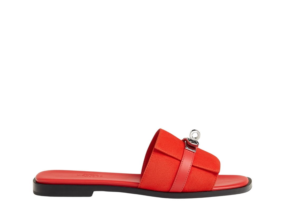Hermes Hermes Giulia Sandal In Suede Goatskin And Calfskin With Iconic Palladium-Plated Kelly Buckle Rouge Grenadine