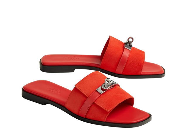 Hermes Hermes Giulia Sandal In Suede Goatskin And Calfskin With Iconic Palladium-Plated Kelly Buckle Rouge Grenadine - view 2