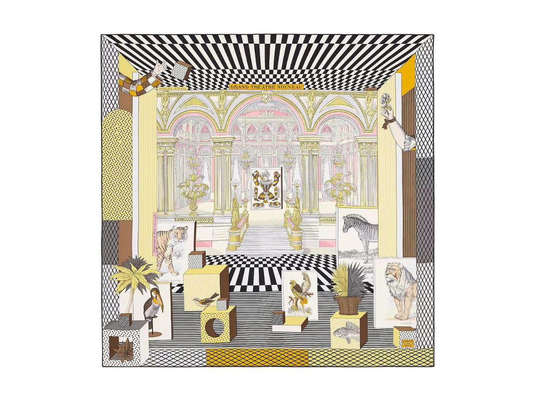 Hermes Hermes Grand Theatre Nouveau Scarf 90 In Silk Twill With Hand-Rolled Edges Noir-Vieil Or-Multicolore
