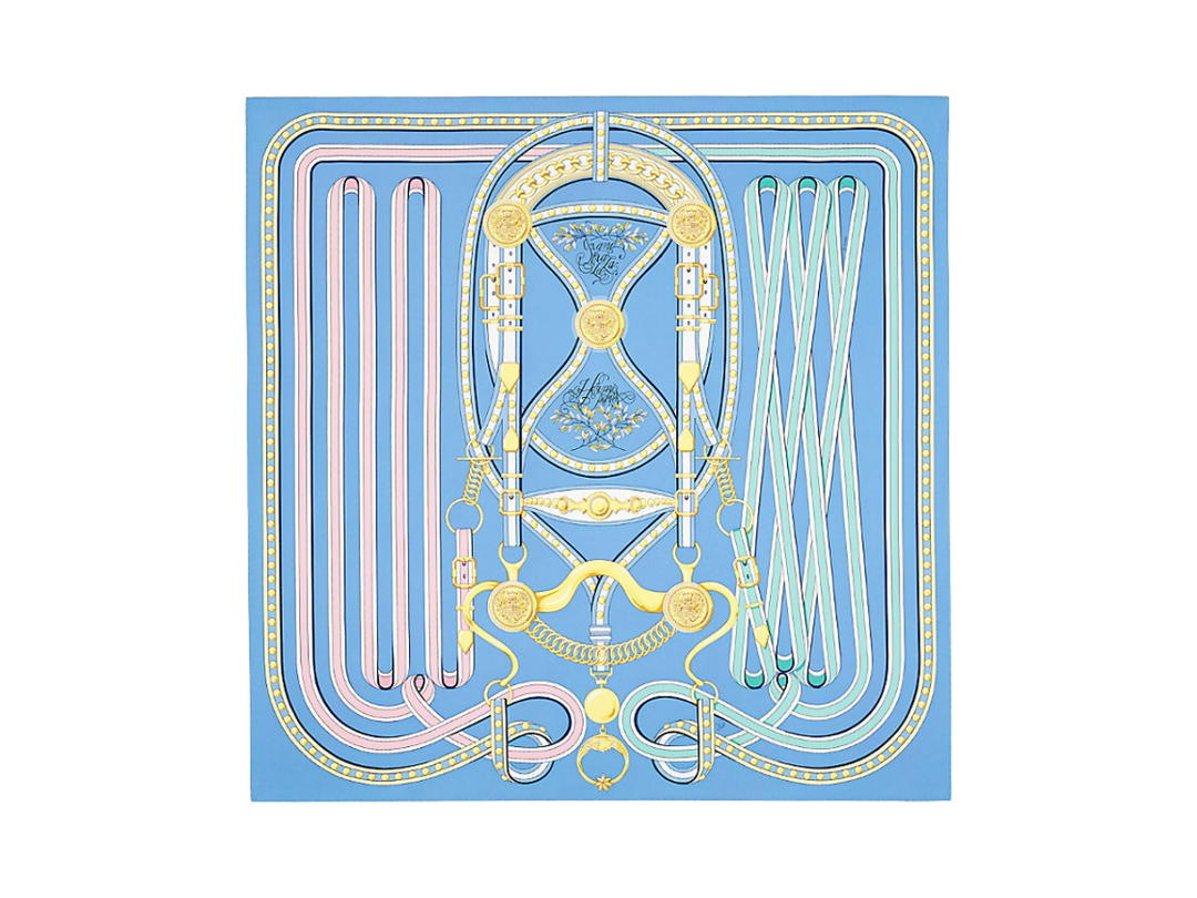 Hermes Hermes Grand Tralala Scarf 90 In Silk Twill With Hand-Rolled Edges Bleu Celeste-Rose-Vert Clair