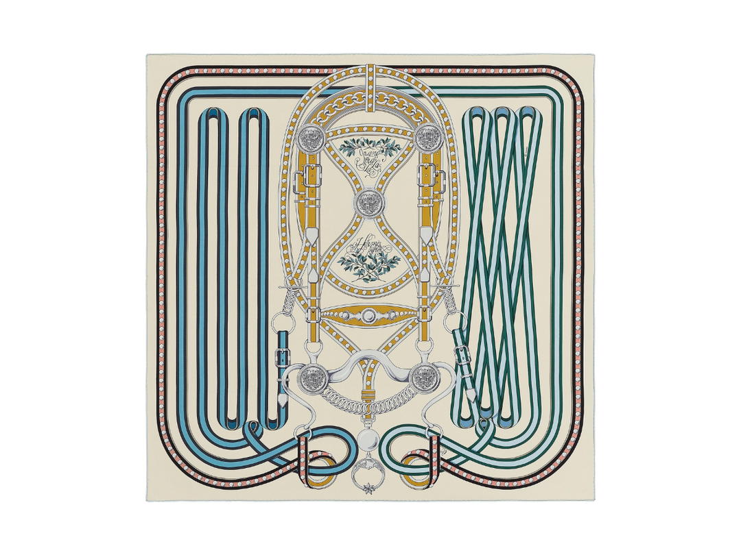 Hermes Hermes Grand Tralala Scarf 90 In Silk Twill With Hand-Rolled Edges Crème-Bleu-Moutarde