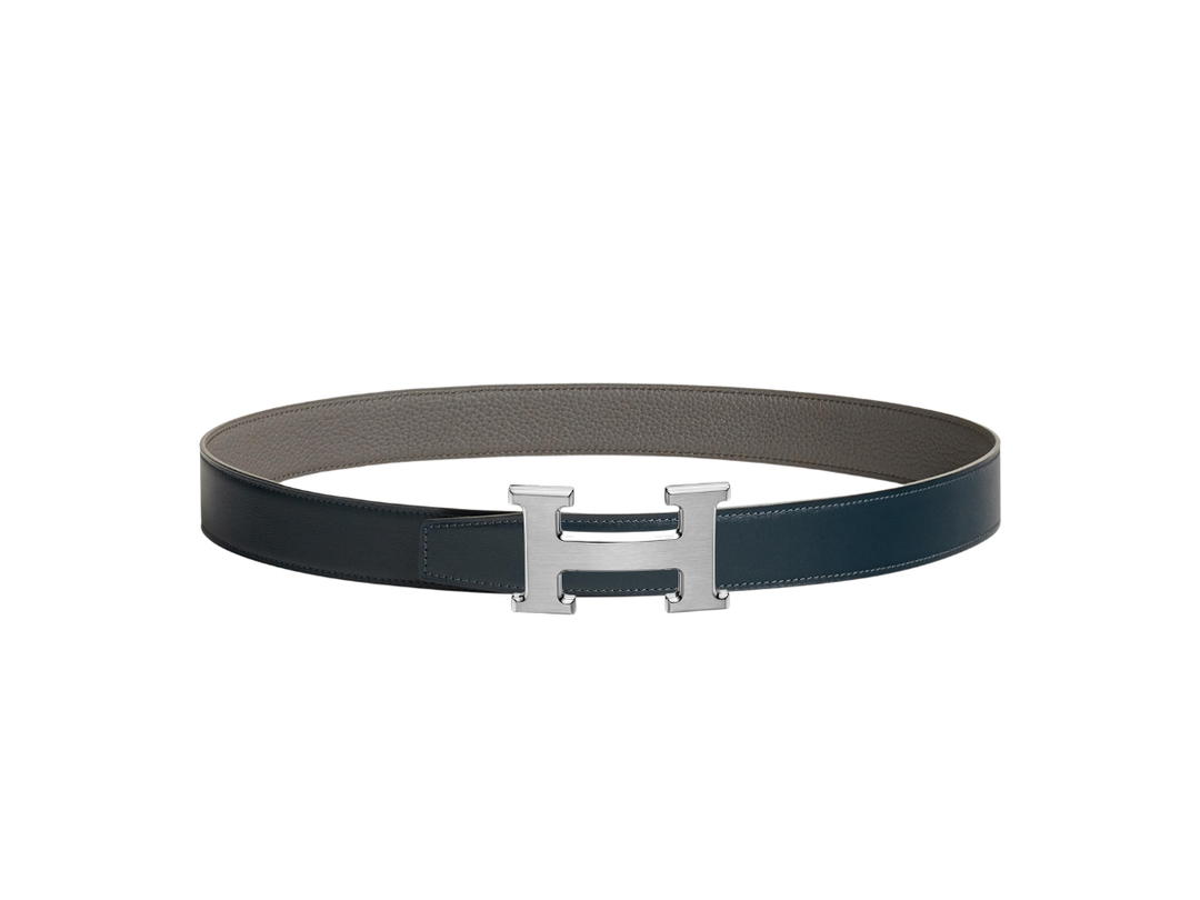 Hermes Hermes H Belt Buckle & Reversible Leather Strap 32 MM In Box 135-Togo Calfskin With Gris Moyen Brushed Palladium Plated Metal Bleu Marine-Gris Étain