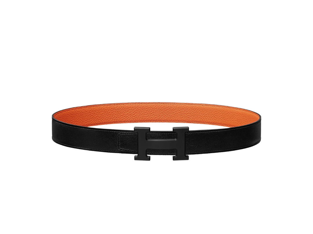 Hermes Hermes H Belt Buckle & Reversible Leather Strap 32 MM In Box 135-Togo Calfskin With Noir Matte PVD Plated Metal Noir-Orange