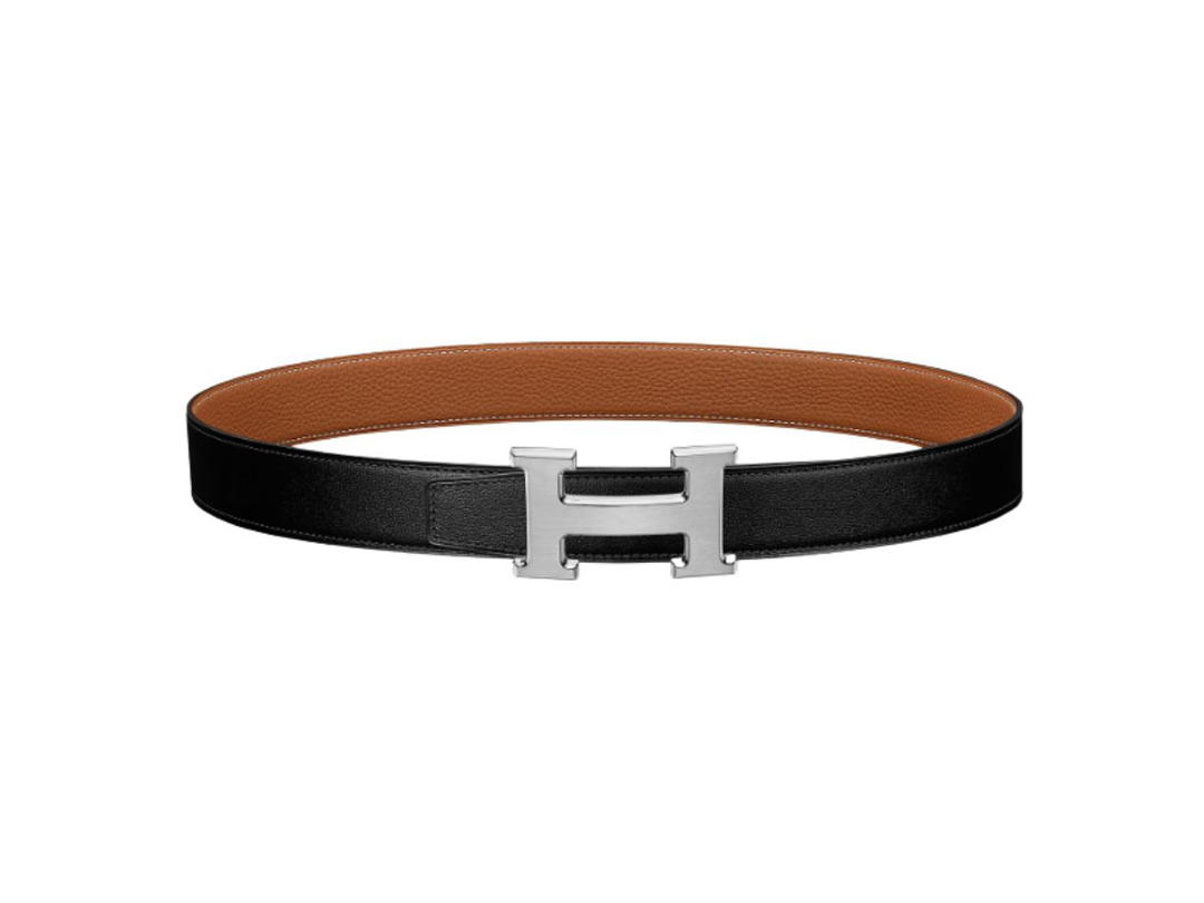 Hermes Hermes H Belt Silver Buckle Reversible Leather Strap 32 MM Noir Gold