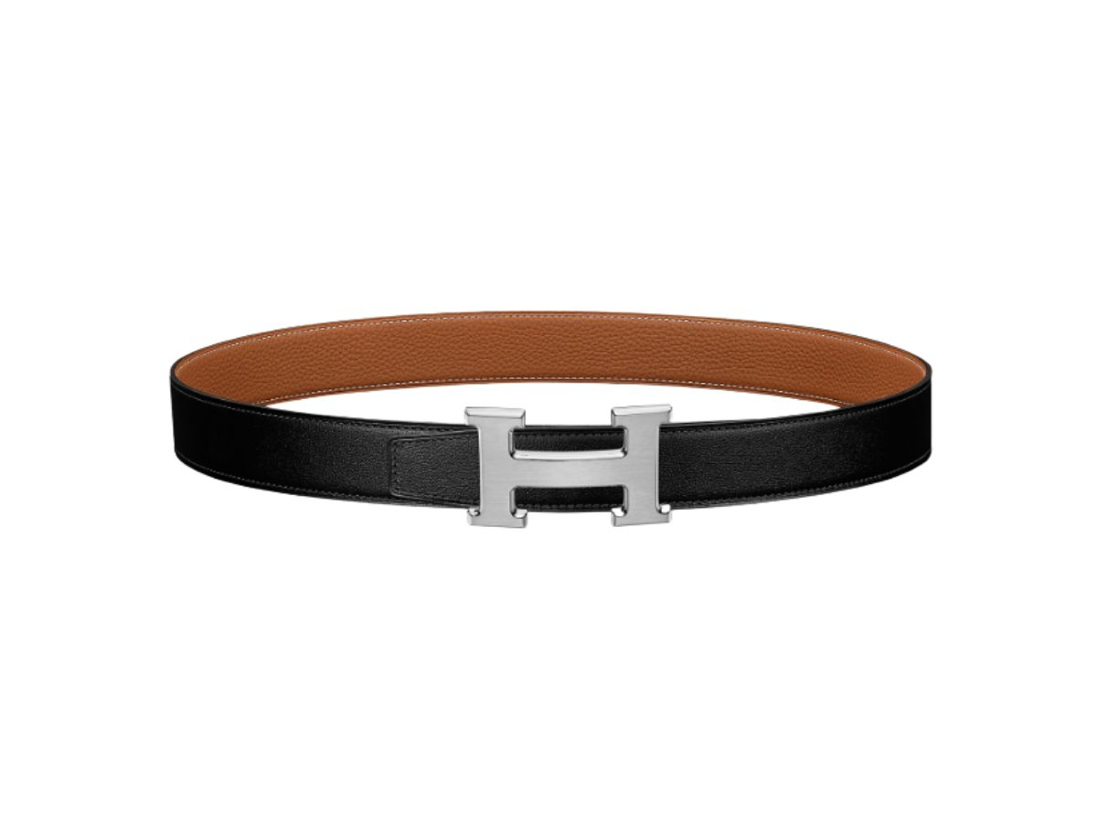 Hermes Hermes H Belt Silver Buckle Reversible Leather Strap 32 MM Noir Gold