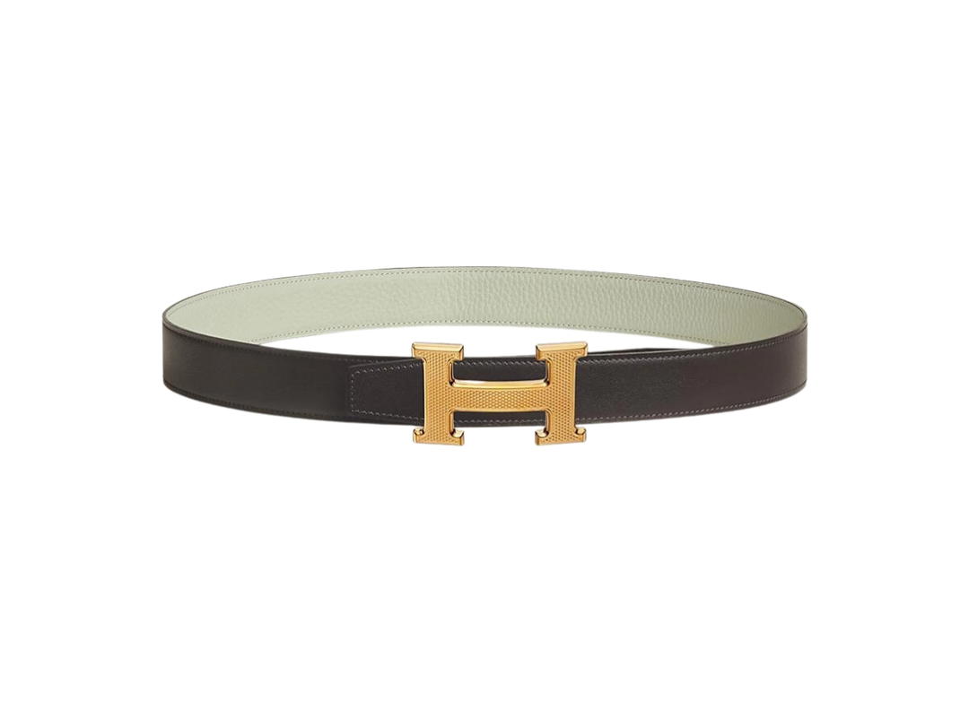 Hermes Hermes H Guillochee Belt Buckle & Reversible Leather Strap 32 MM In Togo Calfskin With Guilloched Gold Plated Metal Ébène-Gris Névé