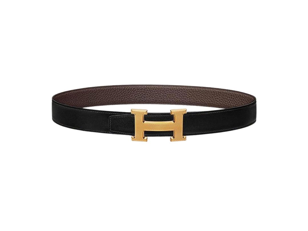 Hermes Hermes H Guillochee Belt Buckle & Reversible Leather Strap 32 MM In Togo Calfskin With Guilloched Gold Plated Metal Noir-Chocolat