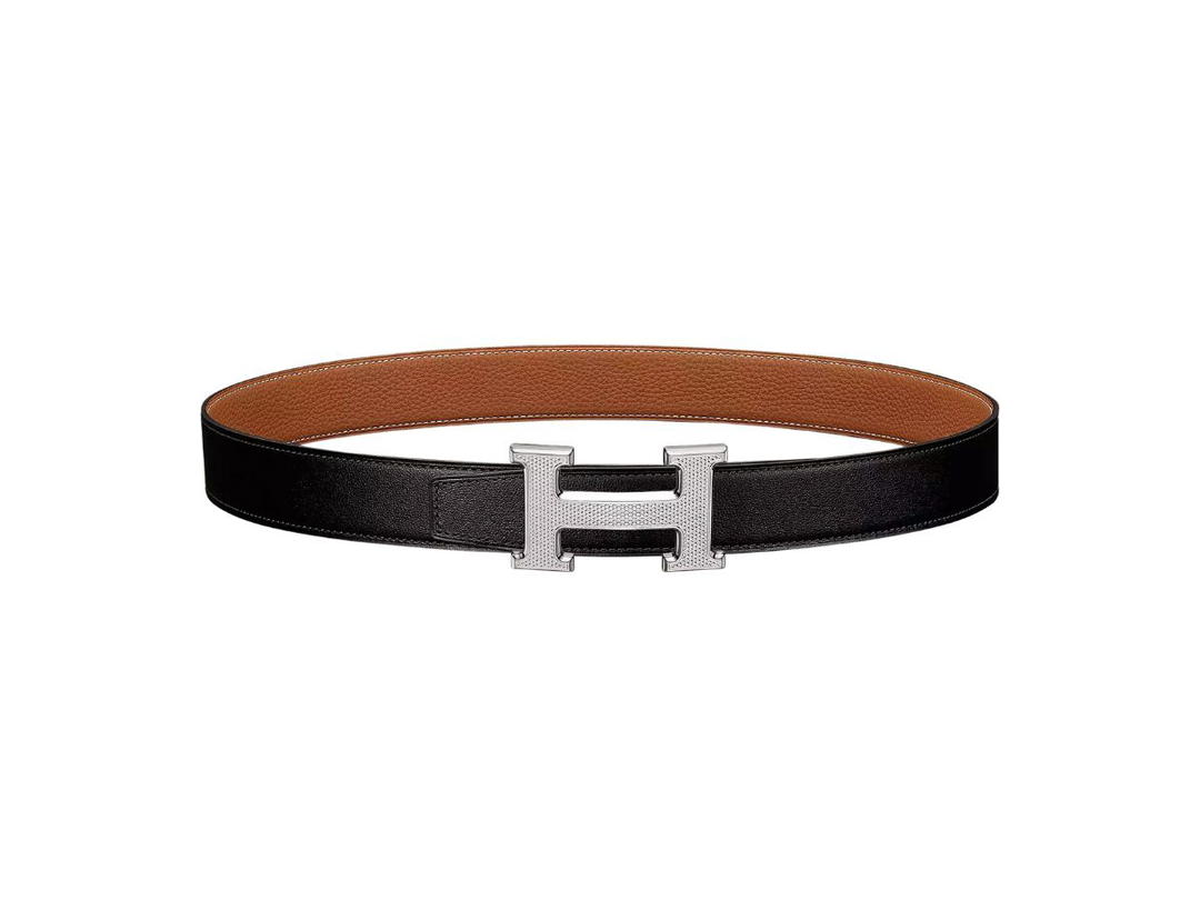 Hermes Hermes H Guillochee Belt Buckle & Reversible Leather Strap 32 MM In Togo Calfskin With Guilloched Palladium Plated Metal Noir-Gold