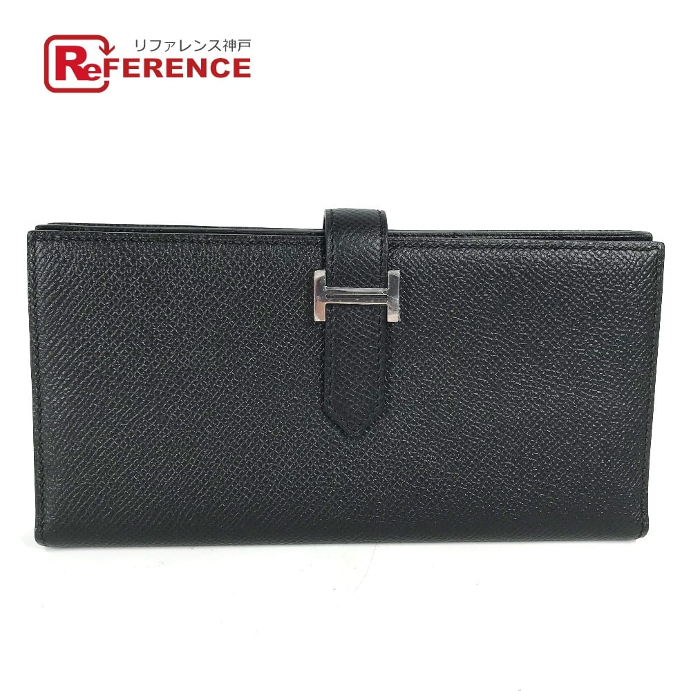 Hermes HERMES H logo Bearn Souffle 2-fold Long Wallet Epsom Black/SilverHardware